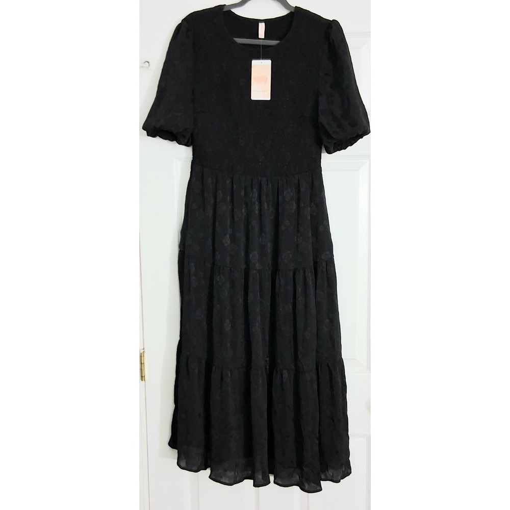 Kirundo Black Dress Large Puff Sleeves Smocked Top Tiered Midi Dress Pockets